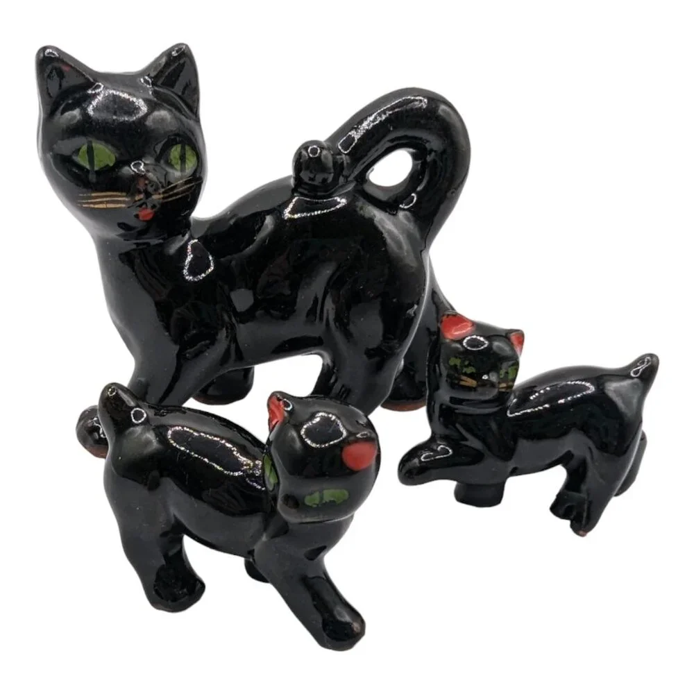 Vintage Ceramic Black Cats Mama with Two Kittens Kitschy Figurines MCM Redware - Picture 5 of 13